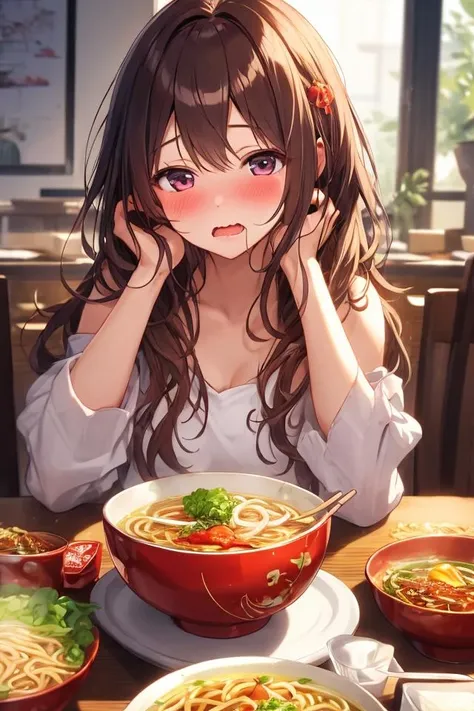 1girl, solo, masterpiece, best quality, unity 8k wallpaper, illustration, ultra-detailed, <lora:torogao_v2-000010:1>, full-face blush, heavy breathing, wavy mouth, food, noodles, bowl, ramen, table, sitting,