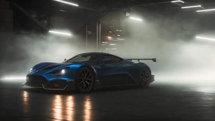 photo of zenvotsrs sports car in a dimly lit warehouse in the fog, high quality photo, lens flare, bokeh, 8k resolution, gobo lights, warm ambient light, volumetric light, neon lights, depth of field, analog, foggy atmosphere, <lora:zenvoTSRS_e5:.7>, <lora:analogdiffusion_Lora300:.2>