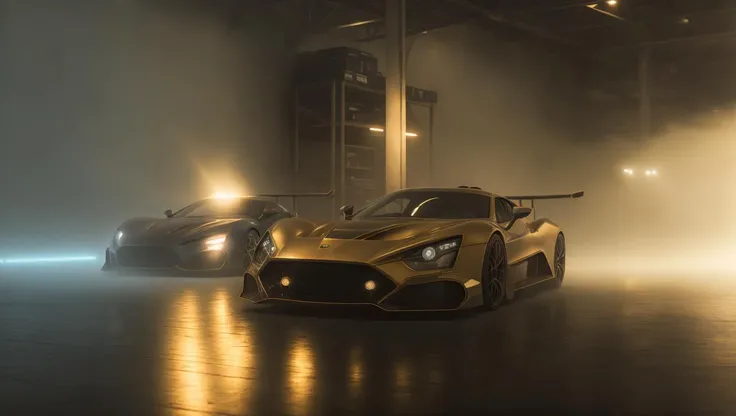 photo of gold zenvotsrs sports car in a dimly lit warehouse in the fog, high quality photo, lens flare, bokeh, 8k resolution, gobo lights, warm ambient light, volumetric light, neon lights, depth of field, analog, foggy atmosphere, <lora:zenvoTSRS_e5:.7>, <lora:analogdiffusion_Lora300:.2>