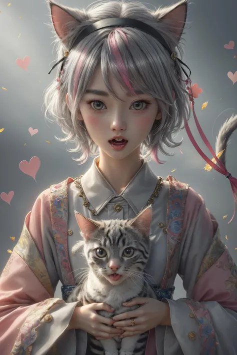 o>, animal, animalization, bangs, black eyes, blue hairband, blush stickers, cat, closed mouth, commentary, english commentary, fang, grey background, grey hair, hair between eyes, hair ornament, hairband, heart, highres, komeiji satori, long sleeves, looking at viewer, meme, multicolored hair, no nose, open mouth, pink hair, (short hair:1.15), simple<lora:lora:0.6>