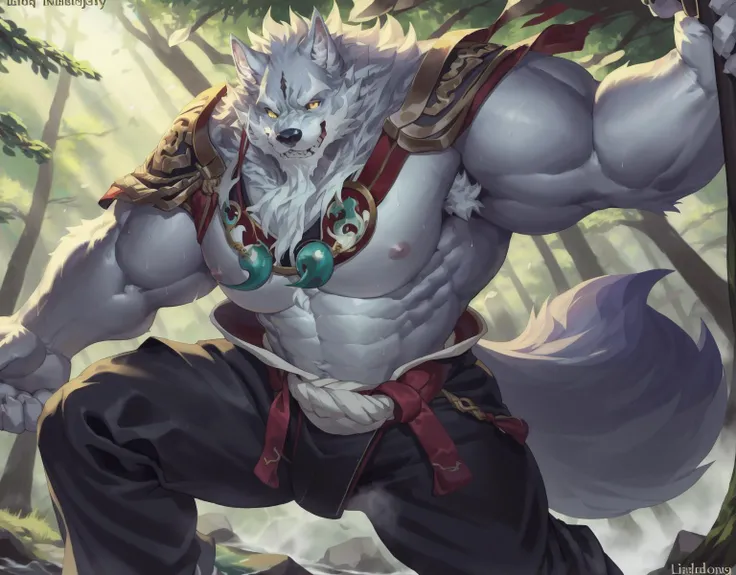 (pink nipples),(martial arts:1.2), solo, fantasy RPG forest,  ((full body)), detailed fantasy RPG background, highly detailed, anime style, sharp shadows,  shaded,  digital flat colors, soft lighting, (masterpiece:1.3),(best quality:1.4), (extreme detailed illustration),  good anatomy, (by lindong, null-ghost), (detailed RPG CG),  (thick thighs:1.2), (detailed smile face:1.2), <lora:Law_SdoricaFRL22nO:1> (law (sdorica)) , (male wolf:1.2),  (shaggy fur:1.4), vibrant, (big muscle:1.3), (big pecs:1.3), (thick arms:1.2), (sweaty:1.2)