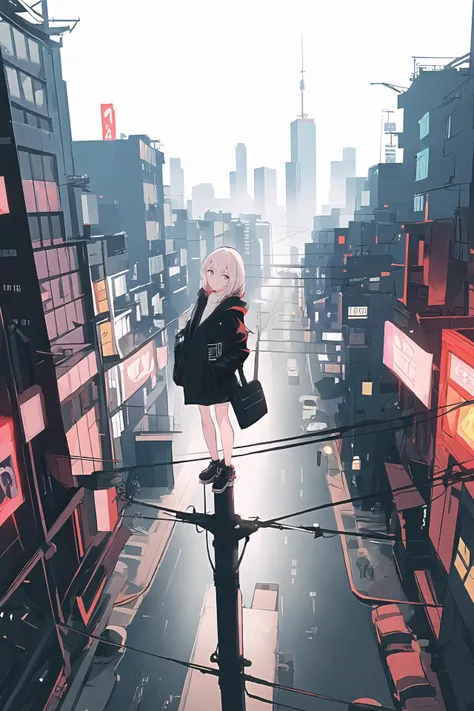 (best quality, masterpiece, highres),1girl,solo,asymmetrical hair,city,cityscape,cyberpunk,full body,looking at viewer,
<lora:on utility pole_v1.07bw:1>,on utility pole,from above,