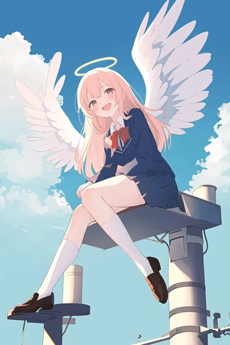 (best quality, masterpiece, highres),1girl,solo,blush,seductive_smile,evil smile,open mouth,student,angel,halo,wings,long wave hair,school_uniform,sitting,looking at viewer,
<lora:on utility pole_v1.07bw:1>,on utility pole,sky,cloud,from below,