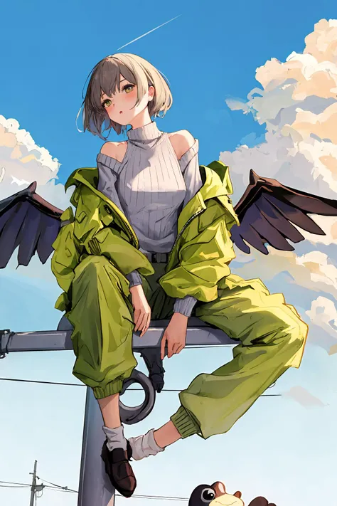 (best quality, masterpiece, highres),1girl,solo,frog cut men's hair,mechanical wings,winter vest,off-shoulder_sweater,looking at another,
<lora:on utility pole_v1.07bw:1>,cloud,on utility pole,