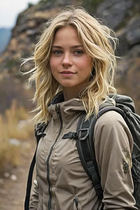 (best quality: 1.2), (masterpiece: 1.2), (detailed: 1.2), a perfect well-lit closeup:1.15 medium shot portrait:0.6 photograph of blonde 25 year old ddaughter standing on the hiking trail, wearing an intriguing outfit, looking at me, coy slight smile, <lora:dmd:0.6>