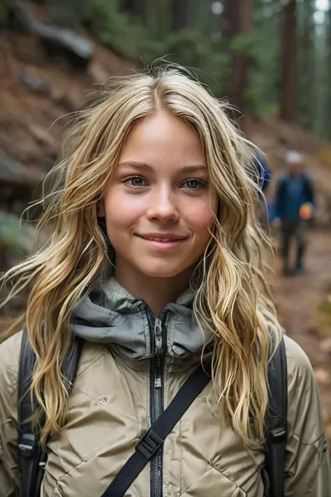 (best quality: 1.2), (masterpiece: 1.2), (detailed: 1.2), a perfect well-lit closeup:1.15 medium shot portrait:0.6 photograph of blonde 25 year old ddaughter standing on the hiking trail, wearing an intriguing outfit, looking at me, coy slight smile, <lora:dmd:0.6>