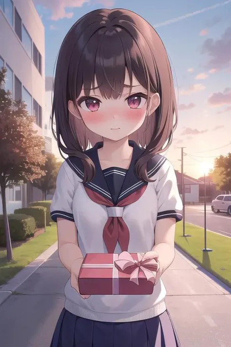 masterpiece,ultra detail,best quality,1girl,petite,shy,school uniform,incoming gift, box,(blush), <lora:brj-incoming-gift-v1:0.8>,outdoor,sunset,present a gift,arms for viewer,heart box,Behind the gym
