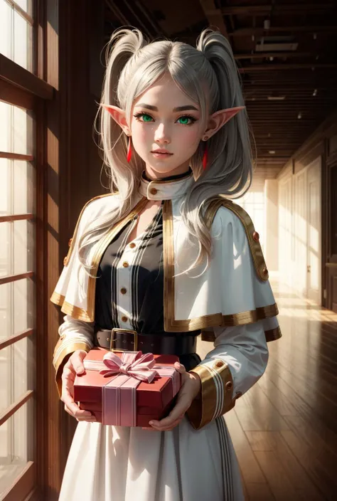 incoming gift, box,heart-shaped box, <lora:ÐаÑиÑÑ Ð¿Ð¾Ð´Ð°Ñок вÑ
одÑÑий подаÑок коÑобка(incoming gift, box(1hand; 2hands; heart-shaped box):1.1>,<lora:ФÑиÑен пÑовожаÑÑÐ°Ñ Ð² поÑледний пÑÑÑ(aafrie,long hair, white hair,twintails, pointy ears,earrings, thick eyebrows,(Ñм одеждÑ):0.7>,aafrie, long hair, white hair, twintails, pointy ears, earrings, thick eyebrows, white capelet, striped shirt, long sleeves, belt, white skirt, black pantyhose,green eyes, 1girl in full growth, best quality, masterpiece, ultra-detailed, high quality, perfect nose, highly detailed skin, warm skin tone, defiance512, RAW photo, best quality, high resolution, (masterpiece), dreamlike, dreamy, modelshoot style, analog style, tonemapping, photorealistic, professional photography, sharp focus, HDR, 8K resolution, intricate detail, sophisticated detail, hyper detailed, (depth of field), highlight and shadow, volumetric lighting, cinematic bloom, professional light, looking at viewer, blotchy,