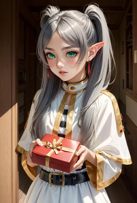 incoming gift, box,heart-shaped box, <lora:ÐаÑиÑÑ Ð¿Ð¾Ð´Ð°Ñок вÑ
одÑÑий подаÑок коÑобка(incoming gift, box(1hand; 2hands; heart-shaped box):1.1>,<lora:ФÑиÑен пÑовожаÑÑÐ°Ñ Ð² поÑледний пÑÑÑ(aafrie,long hair, white hair,twintails, pointy ears,earrings, thick eyebrows,(Ñм одеждÑ):0.7>,aafrie, long hair, white hair, twintails, pointy ears, earrings, thick eyebrows, white capelet, striped shirt, long sleeves, belt, white skirt, black pantyhose,green eyes,, anime style, anime colors,detailed anime,animeHD, anime eyes, bigger eyes, high quality anime, large anime pupils, 1girl (in full growth), best quality, masterpiece, ultra-detailed, high quality,perfect anatomy, (perfect full body), (detailed full body), good eyes, perfect face, pretty face,(beautiful and aesthetic:1.2),beautiful eyes, anime eyes, detailed eyes,Exquisite visuals, high-definition