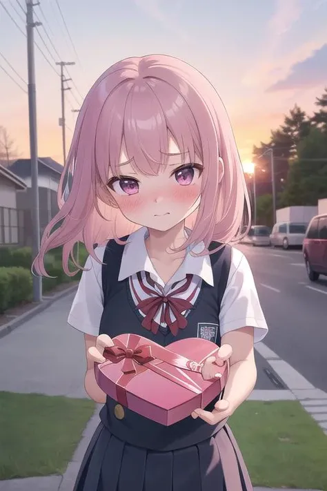 masterpiece,ultra detail,best quality,1girl,petite,shy,school uniform,incoming gift, box,blush, <lora:brj-incoming-gift-v1:0.7>,outdoor