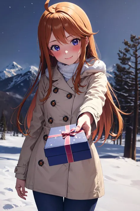 (masterpiece, best quality, ultra detailed), (perfect face, detailed face), (detailed background, complex background:1.2), full-face blush, smile, looking at viewers, detailed light,
<lora:megumi_tokoro_v1:0.8> megumi tokoro, ahoge, long hair, cowboy shot, winter coat, tilt head, incoming gift, box,
(outdoor, winter, snow, night) <lora:brj-incoming-gift-v1:1>