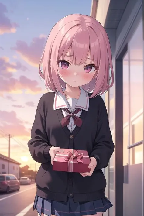 masterpiece,ultra detail,best quality,1girl,petite,shy,school uniform,incoming gift, box,(blush), <lora:brj-incoming-gift-v1:0.7>,outdoor,sunset,