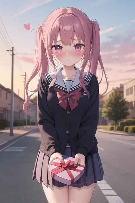masterpiece,ultra detail,best quality,1girl,petite,shy,school uniform,incoming gift, box,(blush), <lora:brj-incoming-gift-v1:0.8>,outdoor,sunset,present a gift,arms for viewer,heart box