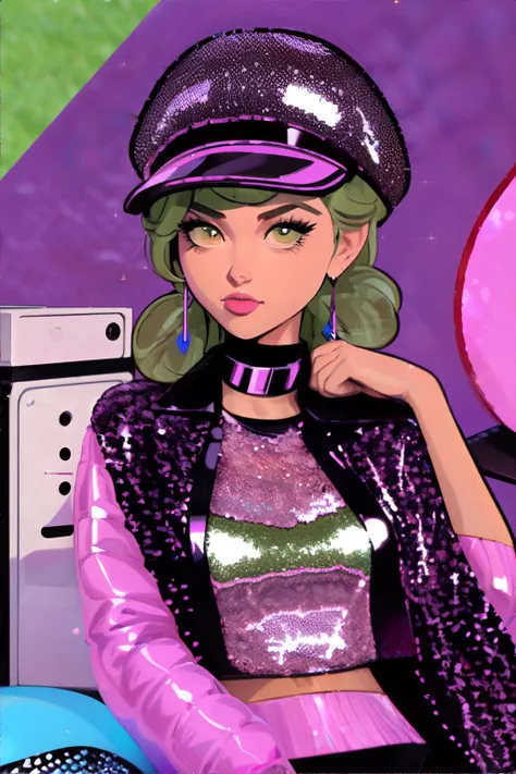 <lora:gentlecatstyle:0.6>, style by gentlecat, woman wearing Olive  Cap-sleeve sequin top with a boat neck., 80s style Teen Hangout, A converted basement or garage with bean bags, posters of rock bands, and a stereo system, where friends gather to listen to music and share stories || masterpiece, perfect quality, sharp focus, shallow depth of field, 8k