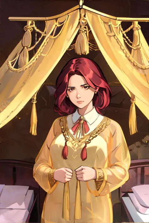 <lora:gentlecatstyle:0.6>, style by gentlecat, woman wearing Golden Ombre sheer collared shirt, Bohemian Bedroom with Canopy Bed and Macrame Wall Hangings || masterpiece, perfect quality, sharp focus, shallow depth of field, 8k