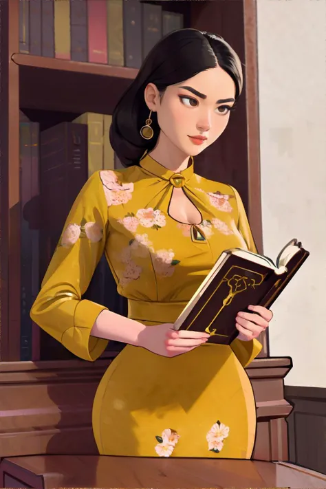 <lora:gentlecatstyle:0.6>, style by gentlecat, woman wearing mustard Keyhole neck blouse with a delicate floral print., Traditional Library with Built-In Bookshelves and Rich Wooden Furnishings || masterpiece, perfect quality, sharp focus, shallow depth of field, 8k