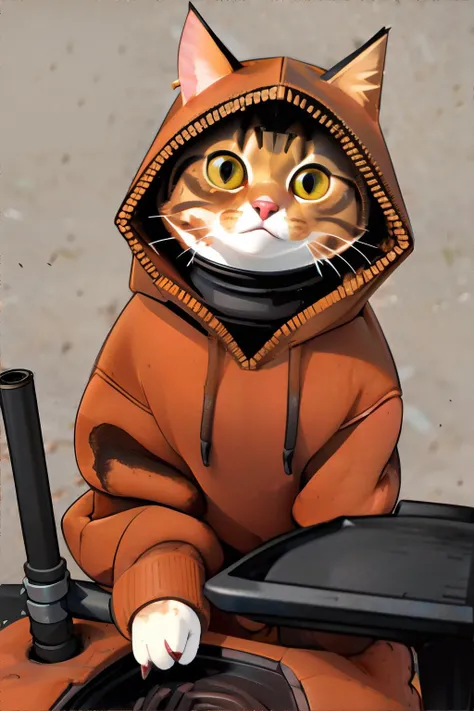 <lora:gentlecatstyle:0.6>, style by gentlecat, cat wearing a hooded sweater, Burnt Sienna, Rust, Charcoal || masterpiece, perfect quality, sharp focus, shallow depth of field, 8k