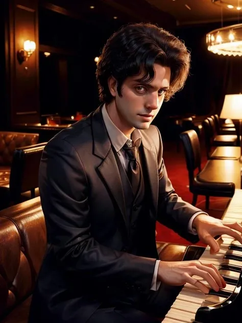 wearing suit jacket, <lora:Billy  Joel:0.9> billyp14n0m4n, 1boy, 30 year old man, male focus, big hair, black hair, playing piano, <lora:Add More Details - Detail Enhancer - Tweaker:0.5>, piano lounge bar, looking at the camera