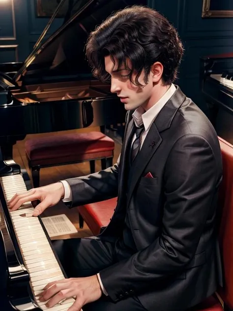 wearing suit jacket, <lora:Billy Joel:0.9> billyp14n0m4n, 1boy, 30 year old man, male focus, big hair, black hair, playing piano, <lora:Add More Details - Detail Enhancer - Tweaker:0.5>