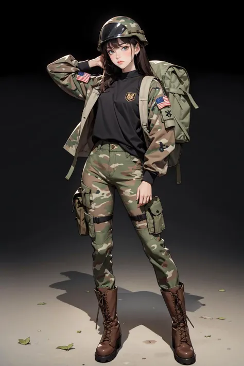 1girl, mature female, full body, united states army, american flag, tactical clothes, uniform, backpack, bag, brown footwear, camouflage, camouflage headwear, helmet, camouflage jacket, camouflage pants, combat boots, boots, carrying, cross-laced footwear, emblem, lace-up boots, long hair, long sleeves, military, military uniform, paratrooper, sidelocks, simple background, solo, standing, black background, masterpiece, best quality, highres, <lora:loraH(DiffLoRA)_FaceShadowTweaker_v1_dim4:-2>