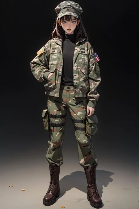 1girl, mature female, full body, united states army, american flag, tactical clothes, uniform, backpack, bag, brown footwear, camouflage, camouflage headwear, camouflage jacket, camouflage pants, combat boots, boots, carrying, cross-laced footwear, emblem, lace-up boots, long hair, long sleeves, military, military uniform, paratrooper, sidelocks, simple background, solo, standing, black background, masterpiece, best quality, highres, <lora:loraH(DiffLoRA)_FaceShadowTweaker_v1_dim4:-2>