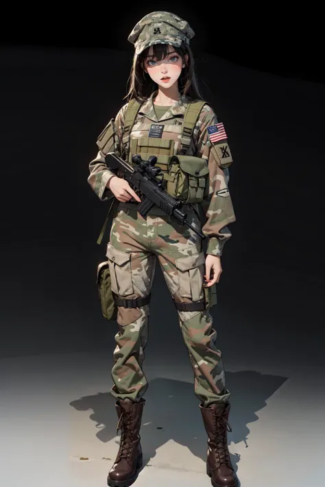 1girl, mature female, full body, united states army, american flag, tactical clothes, uniform, backpack, bag, brown footwear, camouflage, camouflage headwear, camouflage jacket, camouflage pants, combat boots, boots, carrying, cross-laced footwear, emblem, lace-up boots, long hair, long sleeves, military, military uniform, paratrooper, sidelocks, simple background, solo, standing, black background, masterpiece, best quality, highres, <lora:loraH(DiffLoRA)_FaceShadowTweaker_v1_dim4:-2>