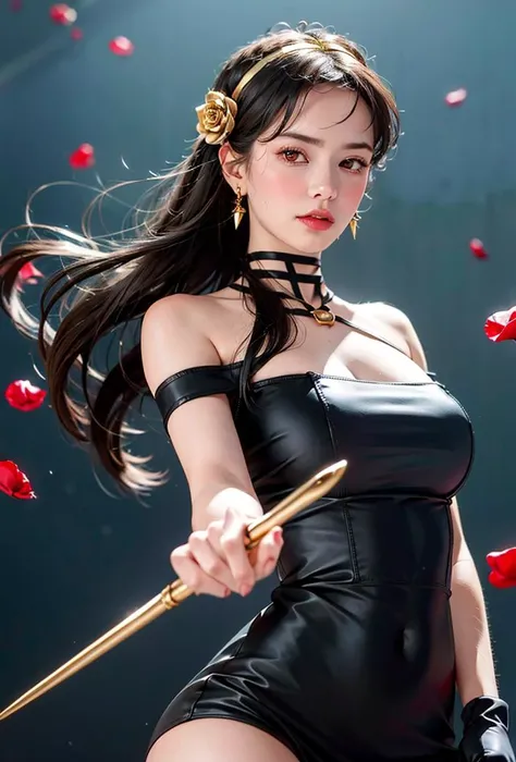 (High resolution, sharp, fractal), high detailed, character design, anime character, game character, 1 female, up from thigh, knee up, dynamic pose, fighting pose, action pose, Super Glowing Skin, Magical girl, Age 25, (((intricate detailed leotard))), ((frill Mini skirt frill)), sagging massive breast, yellow line and metallic black costume, (camel toe),Cyclone spinning,