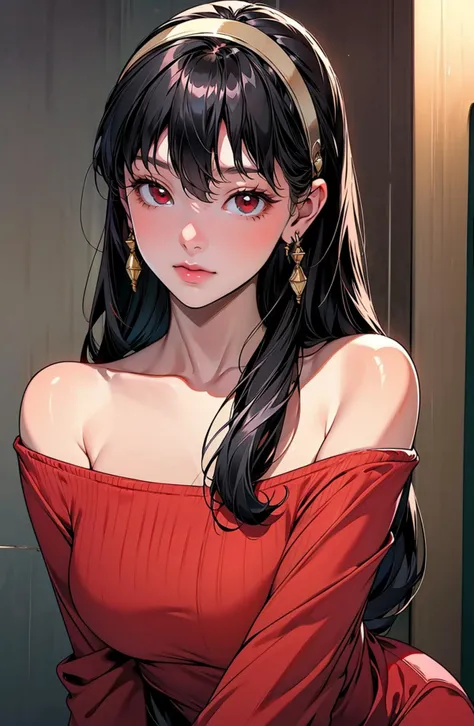 a cute girl,perfect face, medium breasts,detailed background,extremely detailed cg unity 8k wallpaper,highres,shiny skin,<lora:GoodHands-vanilla:1>,<lora:add_detail:0.6>,
<lora:yor:0.8>,black hair, gold earrings, hairband,red eyes,gold jewelry, long hair, off-shoulder sweater, red sweater,black stocking,embarrassed,street,