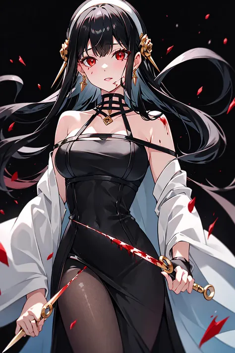 yor briar,
1girl, bangs, breasts, medium breasts,  red eyes, 
off-shoulder dress, earrings, gold earrings, gold hairband, hairband, jewelry, long hair, long sleeves, looking at viewer,black dress, solo, white hairband,holding a knife, blood on knife,
black background,
((masterpiece))
<lora:yor:0.7>