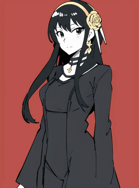 masterpiece, 1girl, solo, <lora:yor:0.8> yor briar, spy x family style, black hair, long hair, flower, gold earrings, gold hairband, hair flower, hair ornament, hairband, cowboy shot, anime coloring