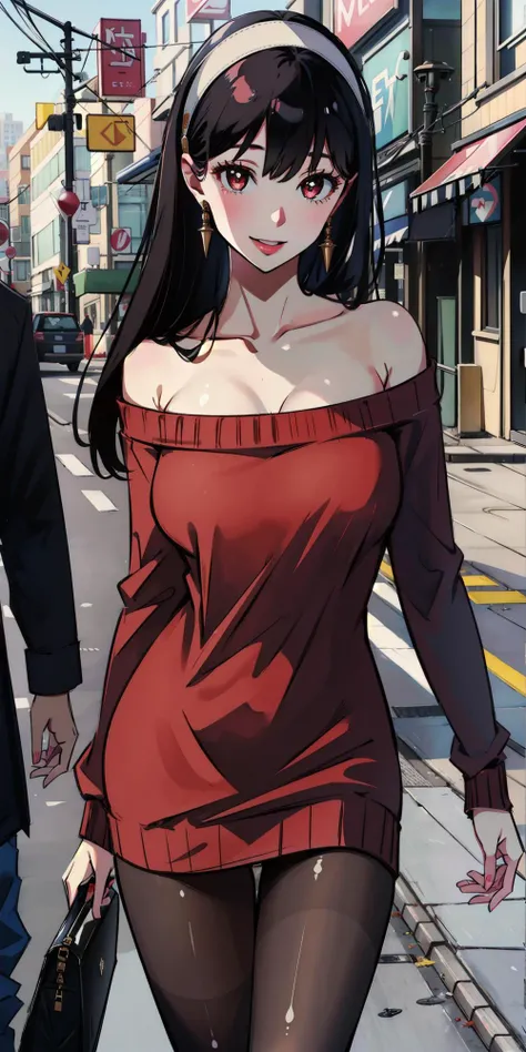 (masterpiece:1.2),(best quality:1.2),(extremely detailed:1.2),(extremely detailed face),(ultra detailed),photo_(medium),
<lora:yor:0.7>,1girl,shiny_skin,black hair,long hair,red eyes,bright_pupils,smile,
(red sweater),black_pantyhose,boots,white hairband,off shoulder,(long sweater),pantyhose,
day,city,close-up,upper_body,looking_at_viewer,