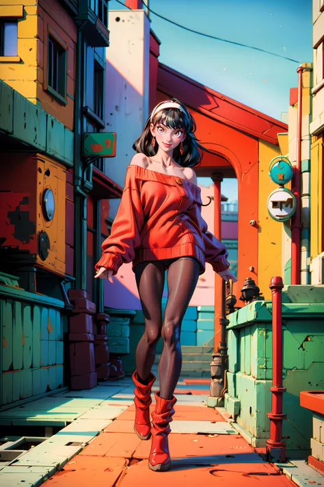 (masterpiece:1.2),(best quality:1.2), <lora:yor:0.8>,1girl,shiny_skin,black hair,long hair,red eyes,bright_pupils,smile,(red sweater),black_pantyhose,boots,white hairband,off shoulder,(long sweater),pantyhose,day,city, street background <lora:add_detail:1>