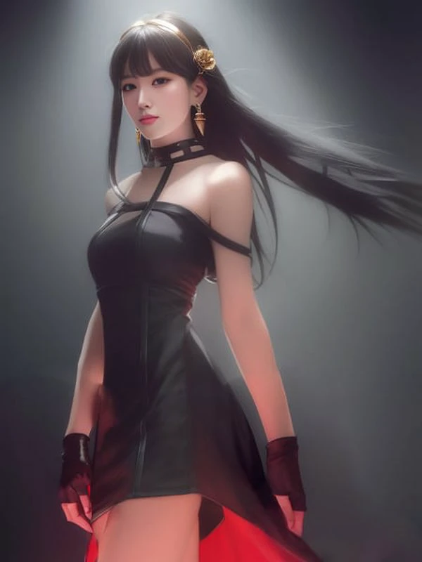yor briar, (photorealistic), beautiful girl, backlighting, bare shoulders, black background, black dress, black gloves, black hair, breasts, closed mouth, cowboy shot, dress, earrings, expressionless, fingerless gloves, floating hair, gloves, gold earrings, gold hairband, hair flower, hair ornament, ((hairband)), jewelry, large breasts, light particles, long hair, looking at viewer, off-shoulder dress, off shoulder, petals, red eyes, short hair with long locks, sidelocks, solo, spikes, thighs, two-sided dress, two-sided fabric , ((masterpiece)) <lora:yor:0.6>, <lora:yorBriarSpyFamily_lykonV1:1>,
,(full_body_shot),half_body_shot,(side view),bare shoulders,windy,(from behind),
professional photo of A beautiful highly detailed portrait of a 21 years old beautiful gorgeous beautiful Korean kpop girl ulzzang ,(face by Karen Kaede,Momo Sakura:1) ,slender body, very pretty face, (small face), (oval face),
with Shoulder-length hair, (black hair color),(eyeliner),
(detailed face,deciduous, sweet look, highly detailed, dramatic lighting,cinematic, masterpiece,realistic , photography, photorealstic,(beautiful face:1.0),(detailed face),Masterpiece, (analog style, RAW:1.1),best quality,autumn lights,