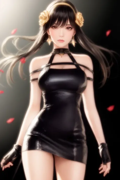 yor briar, (photorealistic), beautiful girl,backlighting, bare shoulders, black background, black dress, black gloves, black hair, breasts, closed mouth, cowboy shot, dress, earrings, expressionless, fingerless gloves, floating hair, gloves, gold earrings, gold hairband, hair flower, hair ornament, hairband, jewelry, large breasts, light particles, long hair, looking at viewer, off-shoulder dress, off shoulder, petals, red eyes, short hair with long locks, sidelocks, solo, spikes, thighs, two-sided dress, two-sided fabric, ((masterpiece))<lora:yor:0.6>