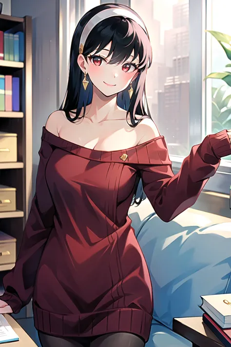 yor briar,
1girl, bangs, black pantyhose, book, bookshelf, breasts, cleavage, coffee, coffee mug, cup, earrings, gold earrings, gold hairband, hairband, jewelry, long hair, long sleeves, looking at viewer, medium breasts, mug, off-shoulder sweater, off shoulder, out of frame, pantyhose, plant, red eyes, red sweater, smile, solo, sweater, white hairband, window
, ((masterpiece))
<lora:yor:0.7>