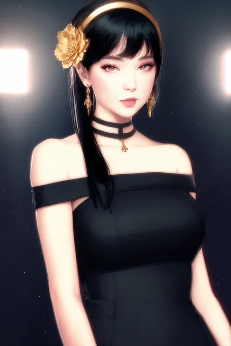 yor briar, (photorealistic), beautiful girl, girl, full body portrait of a stunningly beautiful ( young girl : 1.5 ),(detailed face), (view from_front ) , sakura, by artist christophe young and by artist ilya kuvshinov, hdr,
backlighting, bare shoulders, black background, black dress, black gloves, black hair, breasts, closed mouth, cowboy shot, dress, earrings, expressionless, fingerless gloves, floating hair, gloves, gold earrings, gold hairband, hair flower, hair ornament, hairband, jewelry, large breasts, light particles, long hair, looking at viewer, off-shoulder dress, off shoulder, petals, red eyes, short hair with long locks, sidelocks, solo, spikes, thighs, two-sided dress, two-sided fabric
, ((masterpiece))
<lora:yor:0.6>