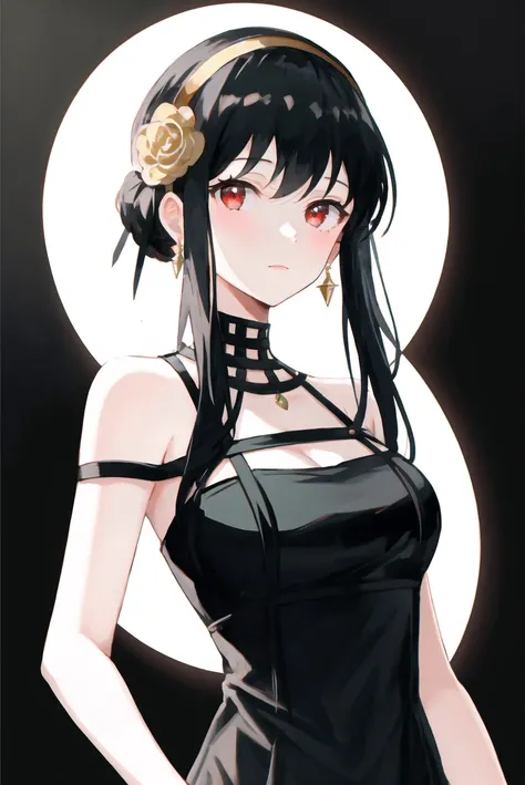 yor briar, 1girl, bare shoulders, black dress, black hair, breasts, closed mouth, dress, earrings, flower, hair flower, hair ornament, hairband, jewelry, medium breasts, long hair, looking at viewer, red eyes, sidelocks, sleeveless, solo, upper body, black background
, ((masterpiece))
<lora:yor:0.6>