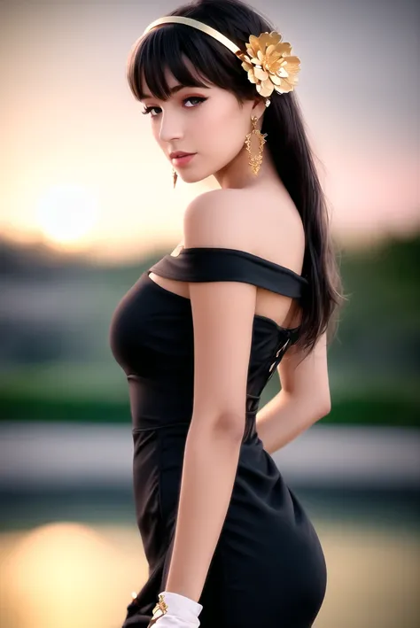 yor briar, (photorealistic), beautiful girl,
backlighting, bare shoulders, black background, black dress, black gloves, black hair, breasts, closed mouth, cowboy shot, dress, earrings, expressionless, fingerless gloves, floating hair, gloves, gold earrings, gold hairband, hair flower, hair ornament, ((hairband)), jewelry, large breasts, light particles, long hair, looking at viewer, off-shoulder dress, off shoulder, petals, red eyes, short hair with long locks, sidelocks, solo, spikes, thighs, two-sided dress, two-sided fabric
, ((masterpiece))
<lora:yor:0.6>