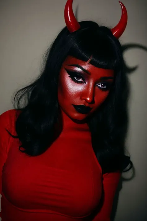 deep dark photo, d3v1lg1rl, black hair, makeup, colored skin, demon girl, demon horns, r3d skin, dark color theme, harsh flash lighting, <lora:d3v1lg1rl2:0.8>
