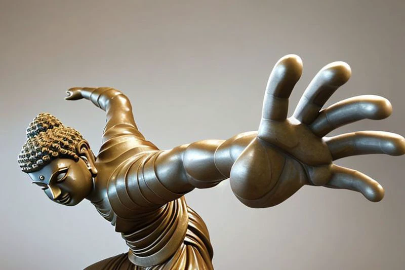 photograph, statue, buddha, dynamic pose, directional blur, PepePunchMeme , white background