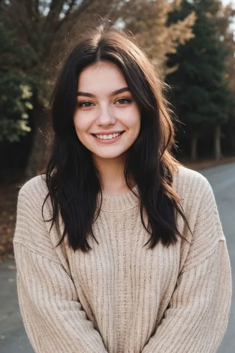 edgy pinterest woman, 20 years old, wearing an oversized sweater, happy, dimples, natural look, sunny, soft lighting, emotional, grainy, soft shading