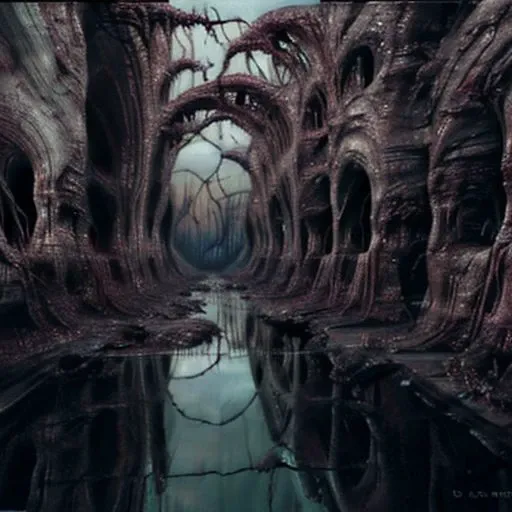 (((hyper-realistic detail in textures, reflections, and lighting, with sharp focus, deep contrasts, and rich full colors:1.2))). The image should be noise-free, artifact-free, suitable for large-scale printing, and have a resolution of at least 9000 DPI. a world embodying eerie (((organic gore:1.2))) elements intertwine with ((surreal horror:1.9)). The landscape features structures resembling a (((fusion of flesh, bone, and steel:1.2))). Colossal edifices, skeletal and industrial in design, tower against a crimson-grey sky. The ground is a grotext network of roots and cables, connecting all in a living system. A monstrous entity, the Leviathan of Scorn, roams this desolation, a blend of muscle, metal, and cables, with a (head of both organic and mechanical horror). Smaller creatures, (malformed humanoids merged with machinery), skulk in corridors. The world's heart, a construct, pumps life-giving fluid, sustaining and consuming life. Ruins of a once-thriving civilization, blending sickly greens and metallic sheens, tell a silent story of catastrophic fusion. This landscape challenges life and artificiality, a haunting reflection beyond human understanding