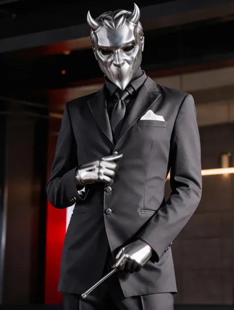 thin man in action, chrome-plated devil mask, black strict suit, complex background
<lora:NamelessGhoul:0.6> NamelessGhoul