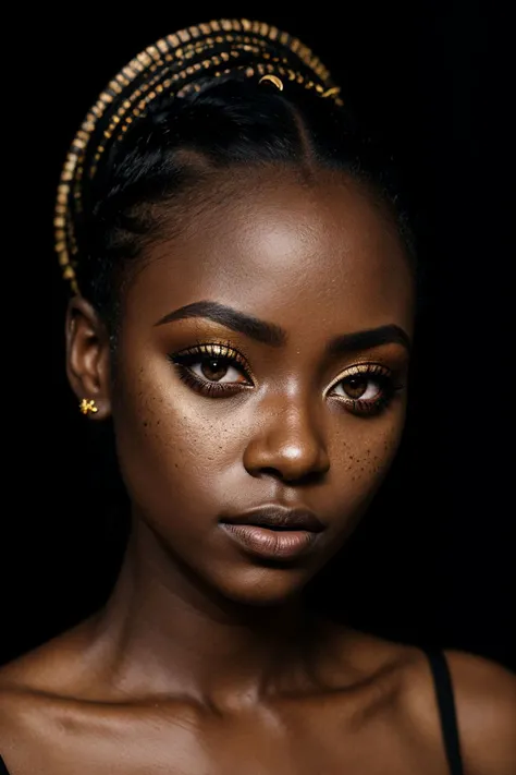 an eye contact of a Ugandan woman, (black skin:1.3), yellow spotlight, dark theme, lonely, Lavish, Matte black eyeshadow with a cut crease, metallic lipstick, golden ratio, Almond-shaped eyes, Freckles, indietronica, soft lighting, bokeh