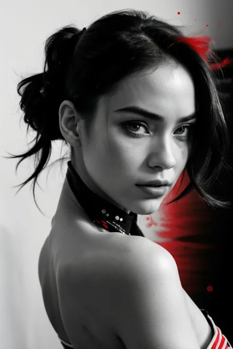 (8k, RAW photo, highest quality), Hyperrealistic art monochrome Inkpunk style ink illustration of a girl, (head and shoulders portrait:1.2), (hyper aesthetic stylized red black white color splash ink sketch:1.2), approaching perfection, concept art, trending on artstation, sharp focus, (splash of red color:1.1) . Extremely high-resolution details, photographic, realism pushed to extreme, fine texture, incredibly lifelike