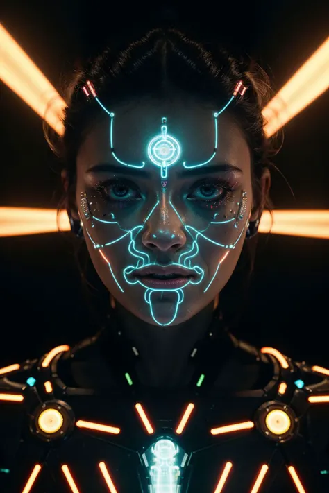 (8k, RAW photo, highest quality), hyperrealistic, abstract style, futuristic hyperrealistic portrait of a half-human, half-machine entity, mechanical face parts, adorned with neon lights and circuitry, emanating an ethereal glow, intricate abstract, intricate artwork, non-representational, colors and shapes, expression of feelings, imaginative, highly detailed