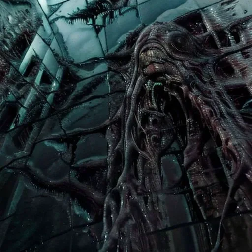 (((hyper-realistic detail in textures, reflections, and lighting, with sharp focus, deep contrasts, and rich full colors:1.2))). The image should be noise-free, artifact-free, suitable for large-scale printing, and have a resolution of at least 9000 DPI. a world embodying eerie (((organic gore:1.2))) elements intertwine with ((surreal horror:1.9)). The landscape features structures resembling a (((fusion of flesh, bone, and steel:1.2))). Colossal edifices, skeletal and industrial in design, tower against a crimson-grey sky. The ground is a grotext network of roots and cables, connecting all in a living system. A monstrous entity, the Leviathan of Scorn, roams this desolation, a blend of muscle, metal, and cables, with a (head of both organic and mechanical horror). Smaller creatures, (malformed humanoids merged with machinery), skulk in corridors. The world's heart, a construct, pumps life-giving fluid, sustaining and consuming life. Ruins of a once-thriving civilization, blending sickly greens and metallic sheens, tell a silent story of catastrophic fusion. This landscape challenges life and artificiality, a haunting reflection beyond human understanding