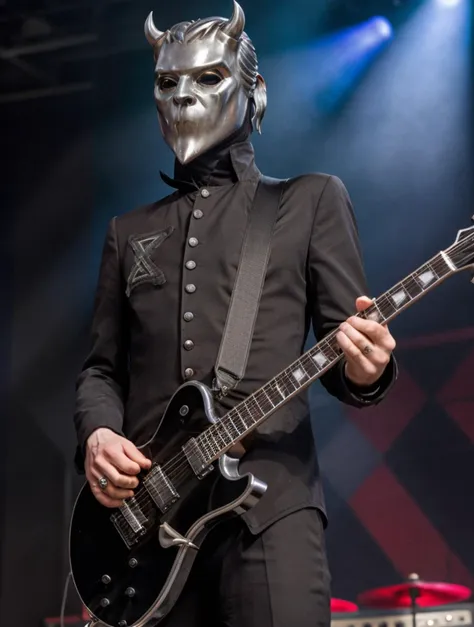 thin man, chrome-plated devil mask, plays guitars, black strict suit, complex background
<lora:NamelessGhoul:0.6> NamelessGhoul