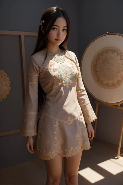 1girl, concept art, Dull Digital Age (Shrub:1.2) , with Mandala embroidery, cute details, hyper detailed, Wide view, Fantasy, Gutai Group, Indirect light, [dark art stylized by Jeremy Mann, (Artgerm:1.2) ::12]