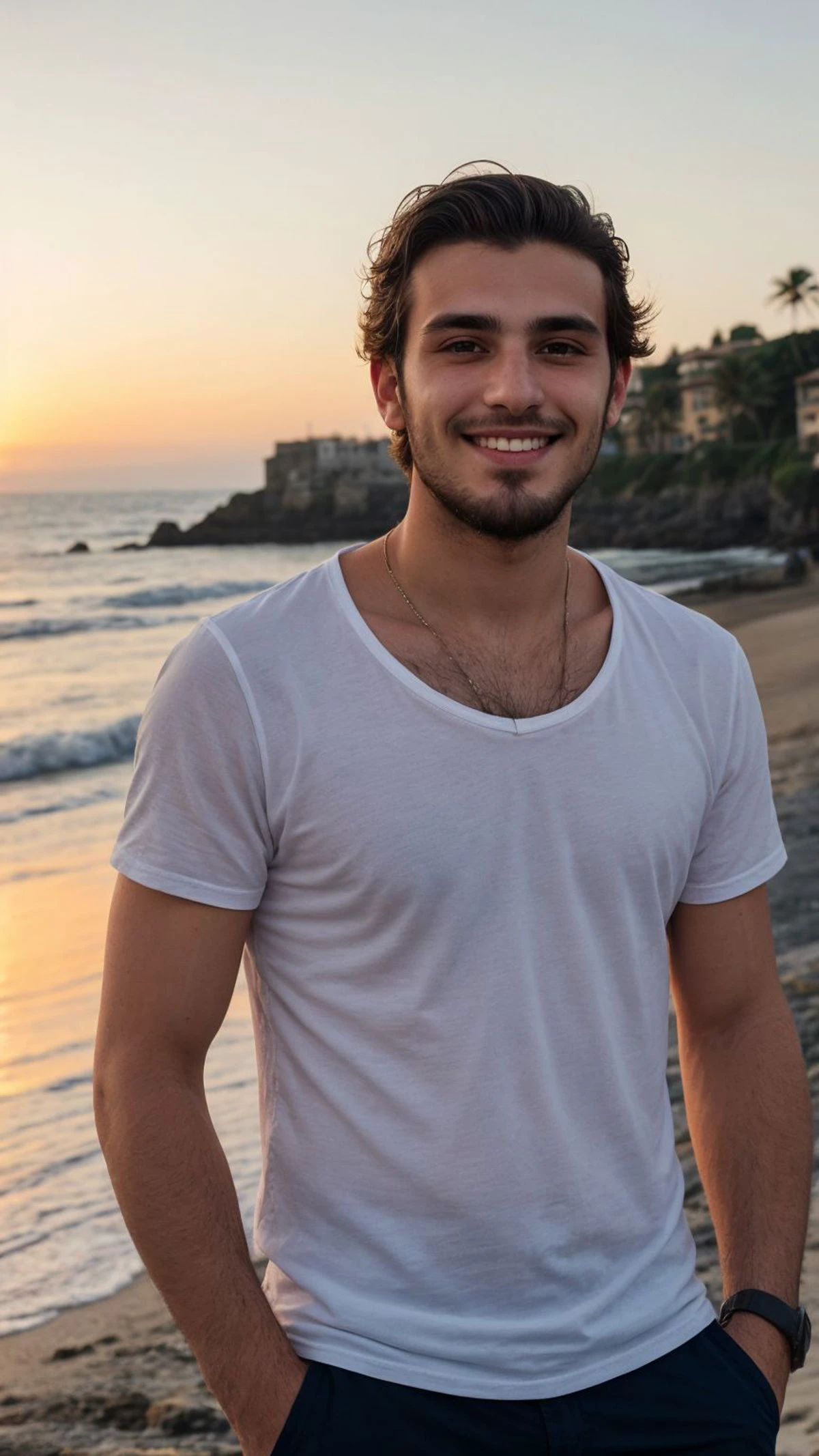 italian handsome young man, 20yo, three day beard, beach sunset, (casual attire:0.75), rolled-up sleeves, carefree grin, ocean breeze, relaxed confidence, coastal allure, edge lighting, smooth shading